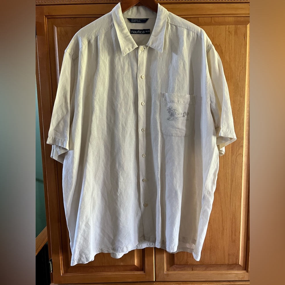 Nautica Men’s Linen Rayon Short Sleeve Collared Button Up Shirt. LIKE NEW XL/TG
